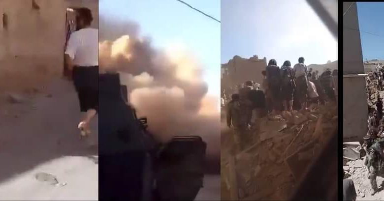 شاهد.. فيديو مروع لتفجير مليشيا إيران منازل مواطنين على رؤوس ساكنيها في البيضاء